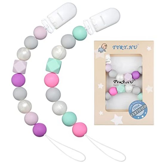 Picture of Pacifier Clip Baby Girls Binky Holder Soothie Paci Clip Silicone Bead Teething Relief Teether Toy Baby Birthday Christmas Set of 2 (Purple, Green)