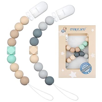 Picture of Pacifier Clip Baby Boys Silicone Paci Clip Teething Relief Teether Toy Soothie Binky Holder Chewbeads Birthday Christmas Set of 2 (Beige, Grey)