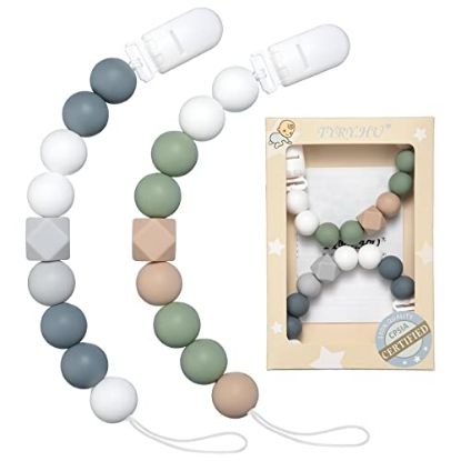 Picture of Pacifier Clip Baby Boys Girls Binky Clips Holder Soothie Paci Clip Silicone Bead Teething Relief Teether Toy Baby Birthday Christmas Set of 2 Pack(Gray, Mossy Green)