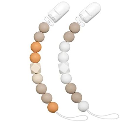 Picture of Pacifier Clip Baby Boys Girls Silicone Paci Clip Teething Relief Teether Toy Soothie Binky Holder Birthday Christmas Set of 2 Pack(Orange, Beige)