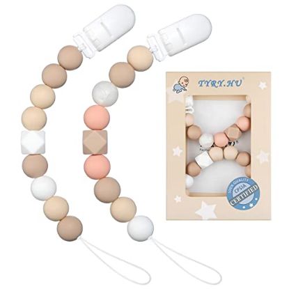 Picture of Pacifier Clip Baby Girls Binky Clip Holder Soothie Paci Clip Silicone Bead Teething Relief Teether Toy Baby Birthday Christmas Set of 2 Pack(Pinksand, Beige)