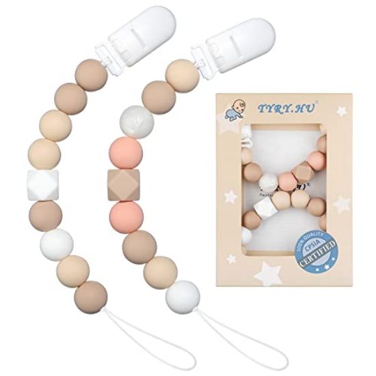 Picture of Pacifier Clip Baby Girls Binky Clip Holder Soothie Paci Clip Silicone Bead Teething Relief Teether Toy Baby Birthday Christmas Set of 2 Pack(Pinksand, Beige)