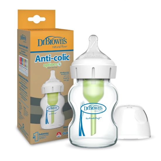 Picture of Dr. Brown's Natural Flow Anti-Colic Options+ Wide-Neck Glass Baby Bottle 5 oz/150 mL, with Level 1 Slow Flow Nipple, 1 Pack, 0m+