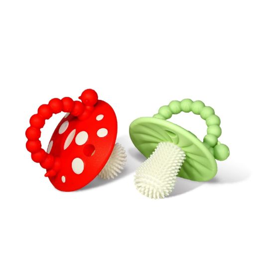 Picture of RaZbaby Chompy Teether - Soft Silicone Teething Toy for Infants & Babies 3M+, Massaging Bristles for Teething Relief, Hands-Free & Easy to Hold, Sensory Development, BPA-Free - Great Gift - Red/Green