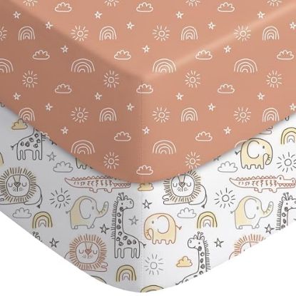 Picture of Yoofoss Pack and Play Sheets Fitted, Mini Crib Sheets 2-Pack for Pack N Play Mattress, Stretchy Playard Sheet, Soft and Breathable Animal World