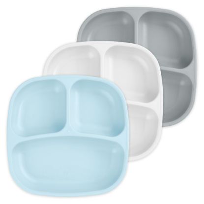 Picture of Re-Play Made in USA 7" Deep Walled Divided Plates for Kids, Set of 3 - Reusable 3 Compartment Plates, Dishwasher and Microwave Safe - 7.37" x 7.37" x 1.25", Glacier