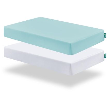 Picture of Biloban Crib Sheets Fitted, 2 Pack Crib Sheet Fits for Standard Crib Mattress, Neutral Toddler Bed Sheets for Baby Boys and Girl, White & Aqua, 52”X 28”