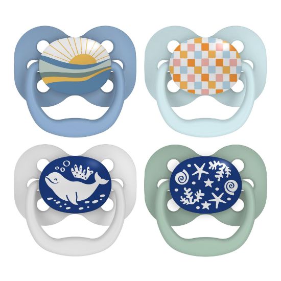 Picture of Dr. Brown's Advantage Glow-in-the-Dark Baby Pacifier, Fully Symmetrical Soother with Soft Silicone Bulb, Blue Sunrise-Blue Ocean, 0-6m, BPA Free, 4 Pack