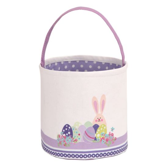 Picture of LessMo Easter Bunny Basket Egg Buckets, Purple Cute Personalized Canvas Cotton Tote Bags Egg Hunt Basket for Easter Party Gifts