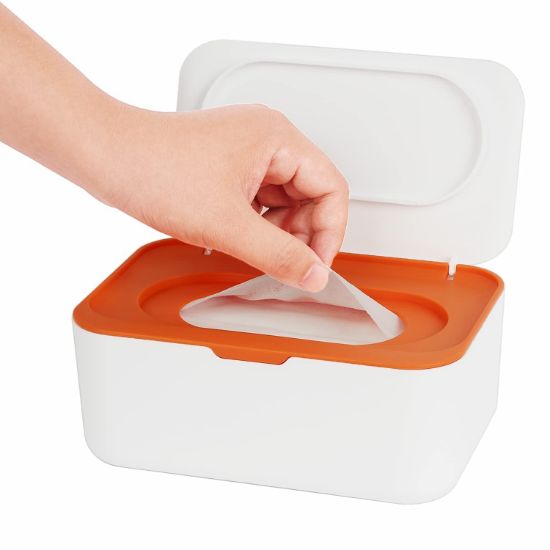 Picture of Wipes Dispenser, Wipe Holder for Baby & Adult, Seposeve Refillable Wipe Container, Keeps Wipes Fresh, One-Handed Operation. Non-Slip, Easy Open/Close Wipes Pouch Case, Light Orange
