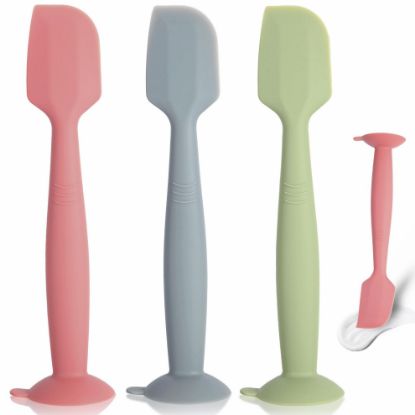 Picture of MAIKKB Diaper Spatula 3 Pack Baby Diaper Cream Spatula Soft Silicone Baby Butt Paste Spatula Brush Diaper Paste Spatula,Diaper Cream Applicator With Suction Base Full Size (Gray+Red+Green)