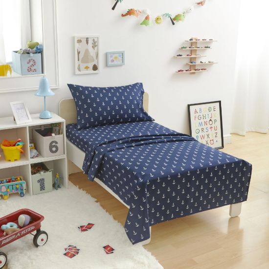 Picture of Amazon Basics Kid's Soft Easy-Wash Lightweight Microfiber 3-Piece Sheet Set, Toddler, Navy, White Anchors
