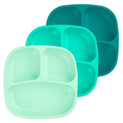 Picture of Re-Play Made in USA 7" Deep Walled Divided Plates for Kids, Set of 3 - Reusable 3 Compartment Plates, Dishwasher and Microwave Safe - 7.37" x 7.37" x 1.25", Sea Glass