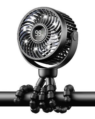 Picture of Bearwind Mini Portable Stroller Fan for Travel,360° Rotation,4-Speed LED Night Light Clip on Fans Operated by Rechargeable Battery, Cordless Fan with Tripod Car Seat Baby Pram (Black)