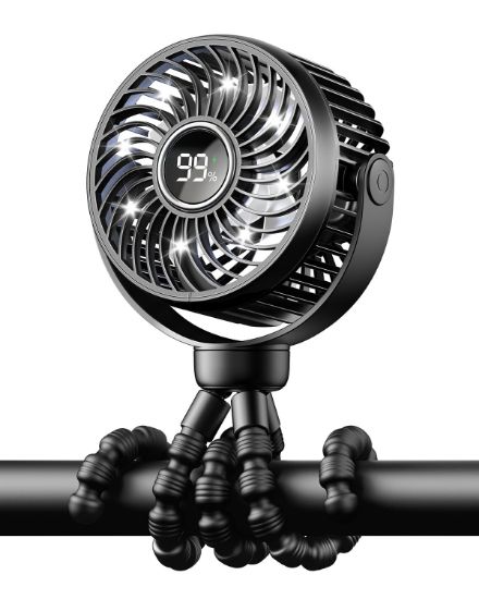 Picture of Bearwind Mini Portable Stroller Fan for Travel,360° Rotation,4-Speed LED Night Light Clip on Fans Operated by Rechargeable Battery, Cordless Fan with Tripod Car Seat Baby Pram (Black)