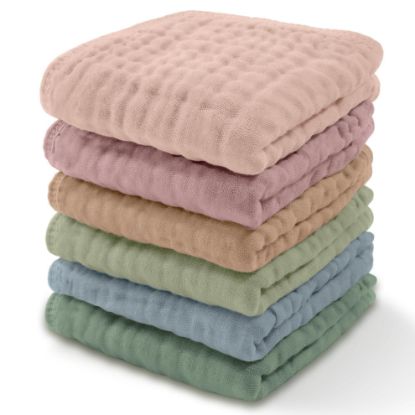 Picture of Comfy Cubs Muslin Baby Washcloths 6 Pack - Soft 6-Layer Cotton Wash Cloths for Sensitive Skin - 10"x10" Large, Gentle, Absorbent Infant Essentials for Newborn and Toddlers - (Multicolor)