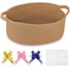 Picture of COMSE Small Woven Basket with Gift Bags and Ribbons, Gift Basket Empty, Cotton Rope Storage Organizer, Baby Toy Box with Handles, 12" x 8" x 5", Camel