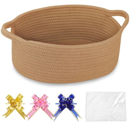 Picture of COMSE Small Woven Basket with Gift Bags and Ribbons, Gift Basket Empty, Cotton Rope Storage Organizer, Baby Toy Box with Handles, 12" x 8" x 5", Camel