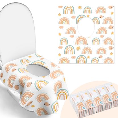 Picture of 30 Pack Toilet Seat Covers Disposable, Individually Wrapped for Travel, Large Waterproof Potty Covers for Kids and Adults,Toddler Potty Training for Public Restroom, Airplane, Trip - Rainbow
