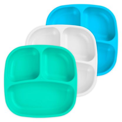 Picture of Re-Play Made in USA 7" Deep Walled Divided Plates for Kids, Set of 3 - Reusable 3 Compartment Plates, Dishwasher and Microwave Safe - 7.37" x 7.37" x 1.25", Cool Breeze