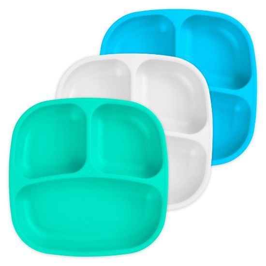 Picture of Re-Play Made in USA 7" Deep Walled Divided Plates for Kids, Set of 3 - Reusable 3 Compartment Plates, Dishwasher and Microwave Safe - 7.37" x 7.37" x 1.25", Cool Breeze