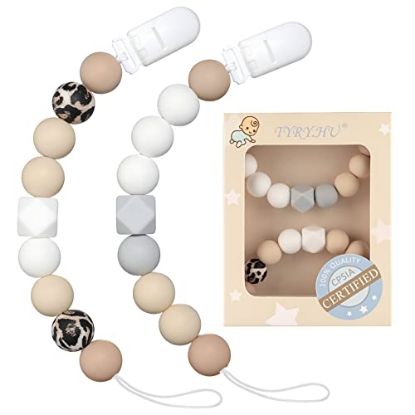 Picture of Pacifier Clip Baby Girls Binky Holder Soothie Paci Clip Silicone Bead Teething Relief Teether Toy Baby Birthday Christmas Set of 2 (Pink, Beige)