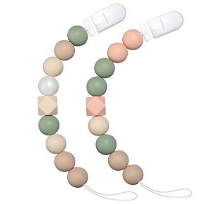Picture of Pacifier Clip Baby Girls Binky Holder Soothie Paci Clip Silicone Bead Teething Relief Teether Toy Baby Birthday Christmas Set of 2 Pack(Green, Pinksand)