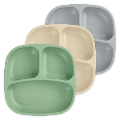 Picture of Re-Play Made in USA 7" Deep Walled Divided Plates for Kids, Set of 3 - Reusable 3 Compartment Plates, Dishwasher and Microwave Safe - 7.37" x 7.37" x 1.25", Sage Brush