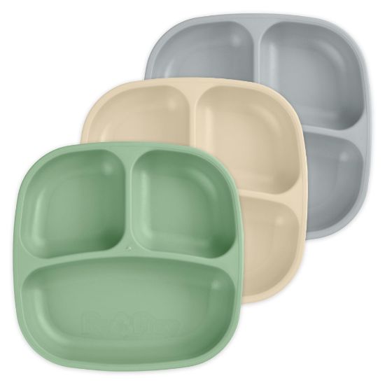 Picture of Re-Play Made in USA 7" Deep Walled Divided Plates for Kids, Set of 3 - Reusable 3 Compartment Plates, Dishwasher and Microwave Safe - 7.37" x 7.37" x 1.25", Sage Brush