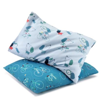 Picture of TILLYOU Toddler Pillowcase 2 Pack with Envelope Closure,13" x 18" Silky Soft Microfiber Travel Kids Pillowcase for Boys and Girls, Sports Boy Big-Eared Dog&Bicycle