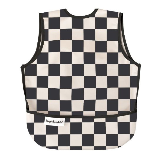 Picture of Tiny Twinkle Mess Proof Baby Bib - Waterproof & Lightweight Baby-Led Weaning Apron | 100% Recycled Polyester, Easy Clean & Machine Washable (Black Checkers, Small 6-24 Months)