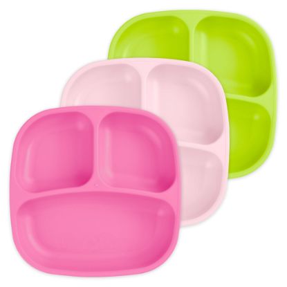 Picture of Re-Play Made in USA 7" Deep Walled Divided Plates for Kids, Set of 3 - Reusable 3 Compartment Plates, Dishwasher and Microwave Safe - 7.37" x 7.37" x 1.25", Tulip