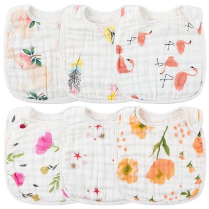 Picture of Zainpe 6Pcs Snap Muslin Cotton Bibs for Baby, Flamingo Star Flower Machine Washable Adjustable Burp Cloths with 6 Absorbent Soft Layers for Infant Newborn Toddler Drooling Feeding and Teething