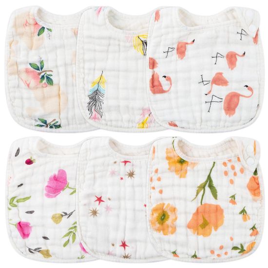 Picture of Zainpe 6Pcs Snap Muslin Cotton Bibs for Baby, Flamingo Star Flower Machine Washable Adjustable Burp Cloths with 6 Absorbent Soft Layers for Infant Newborn Toddler Drooling Feeding and Teething