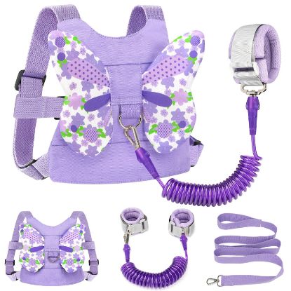 Picture of Accmor Toddler Harness Leash + Anti Lost Wrist Link, Kids Butterfly Harnesses With Children Leashes, Cute Baby Leash Walking Assistant Wristband Strap Tether for Girls Outdoor (Purple)