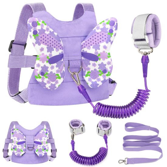 Picture of Accmor Toddler Harness Leash + Anti Lost Wrist Link, Kids Butterfly Harnesses With Children Leashes, Cute Baby Leash Walking Assistant Wristband Strap Tether for Girls Outdoor (Purple)