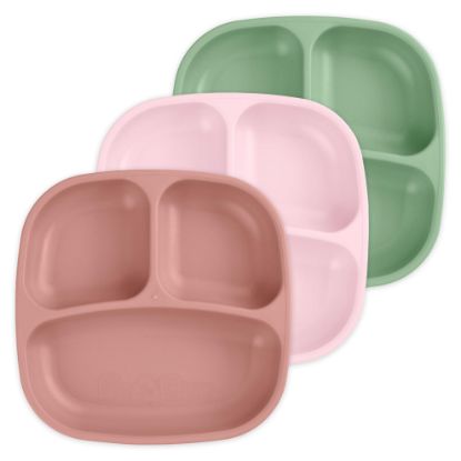 Picture of Re-Play Made in USA 7" Deep Walled Divided Plates for Kids, Set of 3 - Reusable 3 Compartment Plates, Dishwasher and Microwave Safe - 7.37" x 7.37" x 1.25", Desert Roses