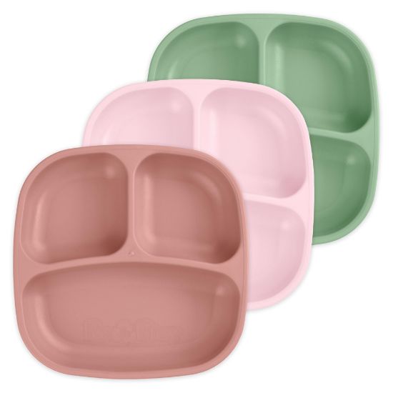 Picture of Re-Play Made in USA 7" Deep Walled Divided Plates for Kids, Set of 3 - Reusable 3 Compartment Plates, Dishwasher and Microwave Safe - 7.37" x 7.37" x 1.25", Desert Roses