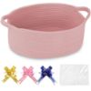 Picture of COMSE Small Woven Basket with Gift Bags and Ribbons, Gift Basket Empty, Cotton Rope Storage Organizer, Baby Toy Box with Handles, 12" x 8" x 5", Dusty Pink
