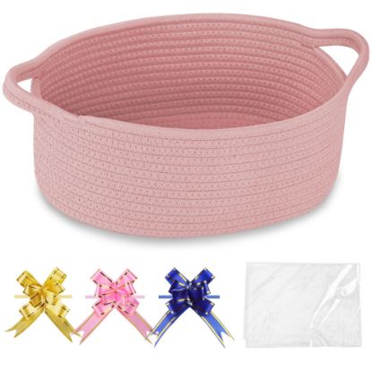 Picture of COMSE Small Woven Basket with Gift Bags and Ribbons, Gift Basket Empty, Cotton Rope Storage Organizer, Baby Toy Box with Handles, 12" x 8" x 5", Dusty Pink