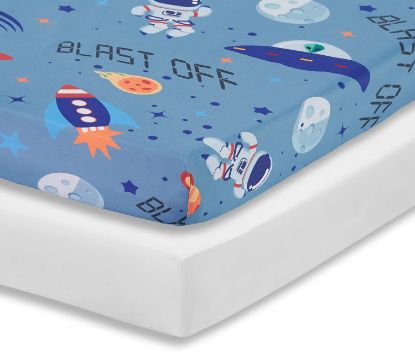 Picture of Everyday Kids 2 Pack Fitted Boys Crib Sheet, 100% Soft Breathable Microfiber Baby Sheet, Fits Standard Size Crib Mattress 28in x 52in, Nursery Sheet - Space/White