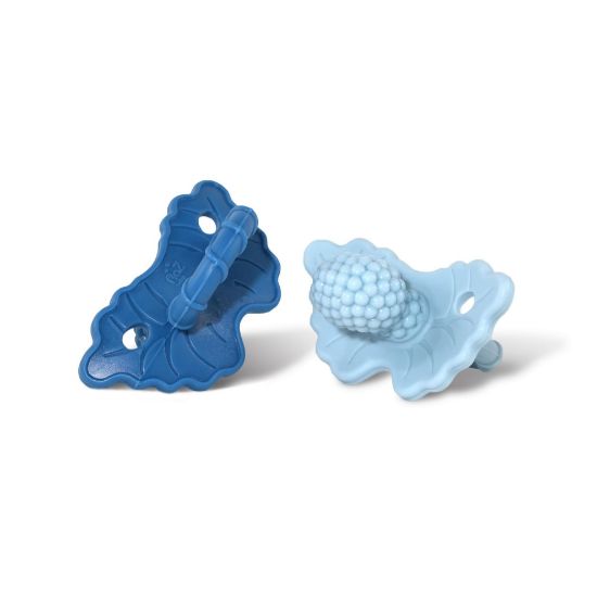 Picture of RaZbaby RaZberry Silicone Teether Pacifier - Teething Relief for Infants, Food-Grade, Hands & BPA Free, Natural Berrybumps Fruit Texture for Sensory Development, Freezable, 2-Pack - Dark & Light Blue
