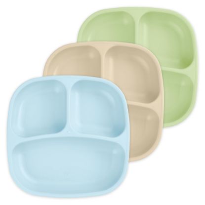 Picture of Re-Play Made in USA 7" Deep Walled Divided Plates for Kids, Set of 3 - Reusable 3 Compartment Plates, Dishwasher and Microwave Safe - 7.37" x 7.37" x 1.25", Beach Baby