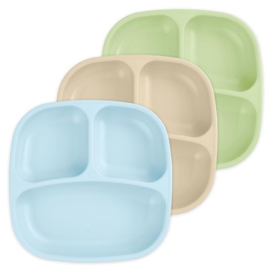 Picture of Re-Play Made in USA 7" Deep Walled Divided Plates for Kids, Set of 3 - Reusable 3 Compartment Plates, Dishwasher and Microwave Safe - 7.37" x 7.37" x 1.25", Beach Baby
