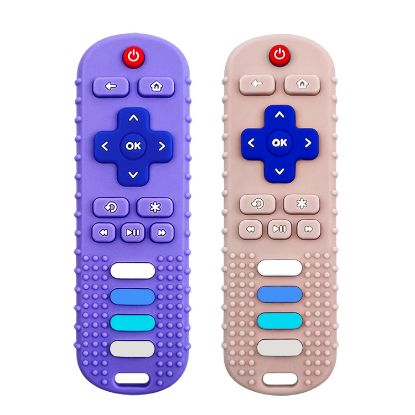 Picture of ROBBEAR Baby Teething Toys, Food Grade Silicone Teether for Babies 3 6 12 18 Months, TV Remote Shape Toddlers Chew Toys, Freezer BPA Free (Purple+Khaki)