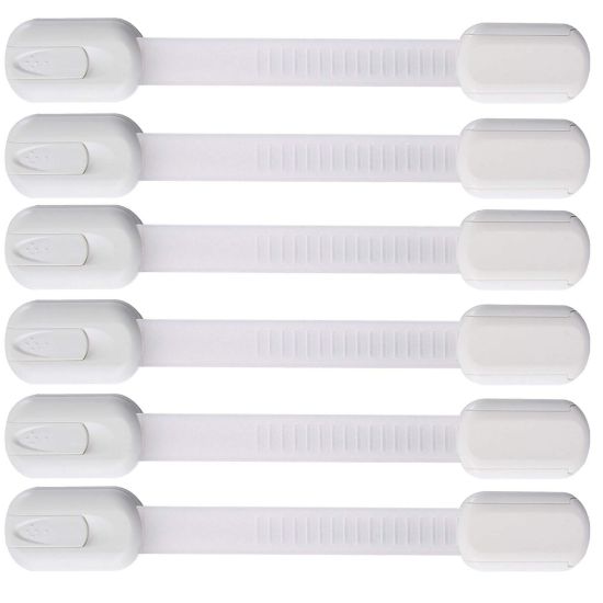 Picture of 6 Pack Vmaisi Multi-Use Adhesive Straps Locks - Childproofing Baby Proofing Cabinet Latches for Drawers, Fridge, Dishwasher, Toilet Seat, Cupboard, Oven,Trash Can, No Drilling (White) (6)