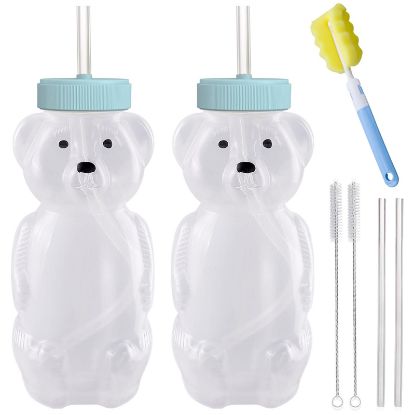 Picture of Honey Bear Straw Cups, Juice Bear Bottle Drinking Cup Long Straws with 4 Flexible Straws & Cleaning Tools, 8-Ounce Therapy Sippy Bottles for Speech and Feeding Training, Food-Grade & BPA Free 2 Pack
