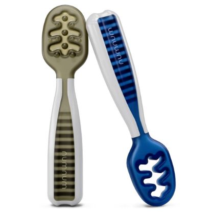 Picture of NumNum Baby Spoons Set, Baby Essentials Pre-Spoon GOOtensils for 6+ Months, First Stage Self-Feeding Spoons for Baby Led Weaning (BLW), Silicone Toddler Utensils, BPA-Free, 2 Pack Olive/Newbury Navy