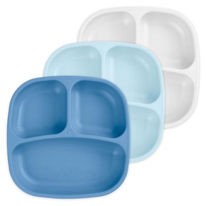 Picture of Re-Play Made in USA 7" Deep Walled Divided Plates for Kids, Set of 3 - Reusable 3 Compartment Plates, Dishwasher and Microwave Safe - 7.37" x 7.37" x 1.25", Cool Blue