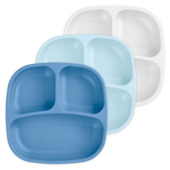 Picture of Re-Play Made in USA 7" Deep Walled Divided Plates for Kids, Set of 3 - Reusable 3 Compartment Plates, Dishwasher and Microwave Safe - 7.37" x 7.37" x 1.25", Cool Blue